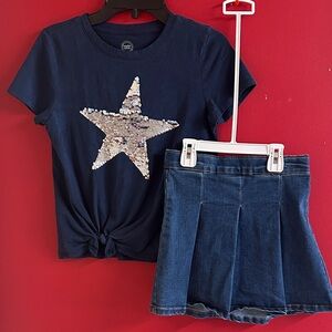 Kids Navy Sequin Star Matching Set - Top & Denim Skirt size 7-8